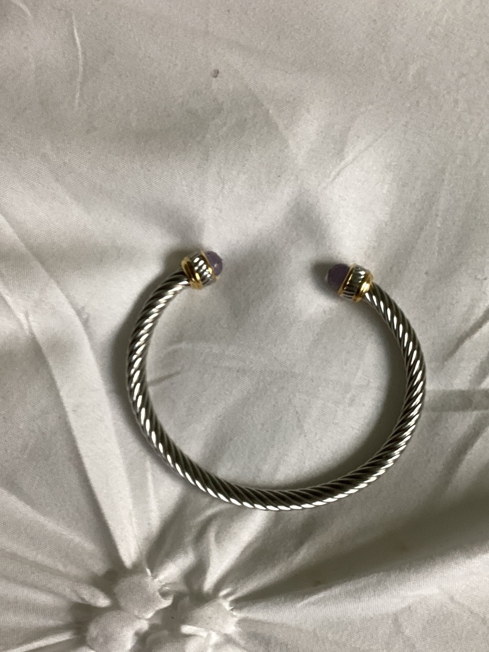 Twisted Silver-Tone Cable Cuff Bracelet with Purple Stone Ends